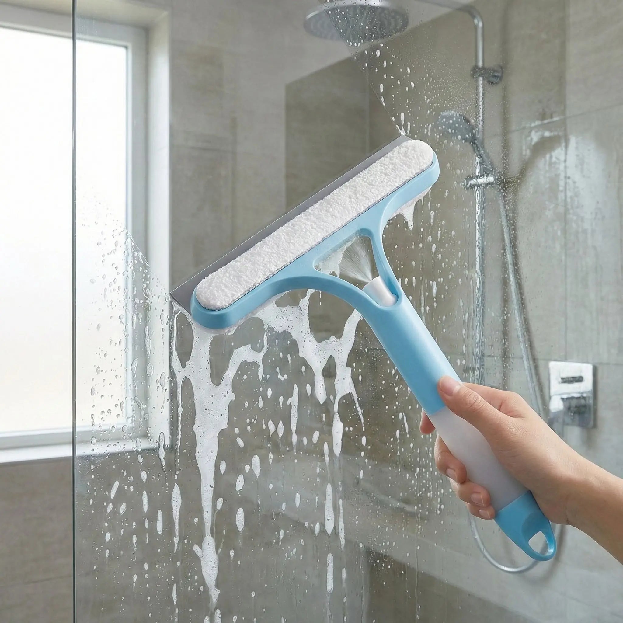2-In-1 Sprayable Blue Glass Squeegee - Microfiber Scrub Pad & Squeegee for Car Windshields, Shower Doors & Mirrors