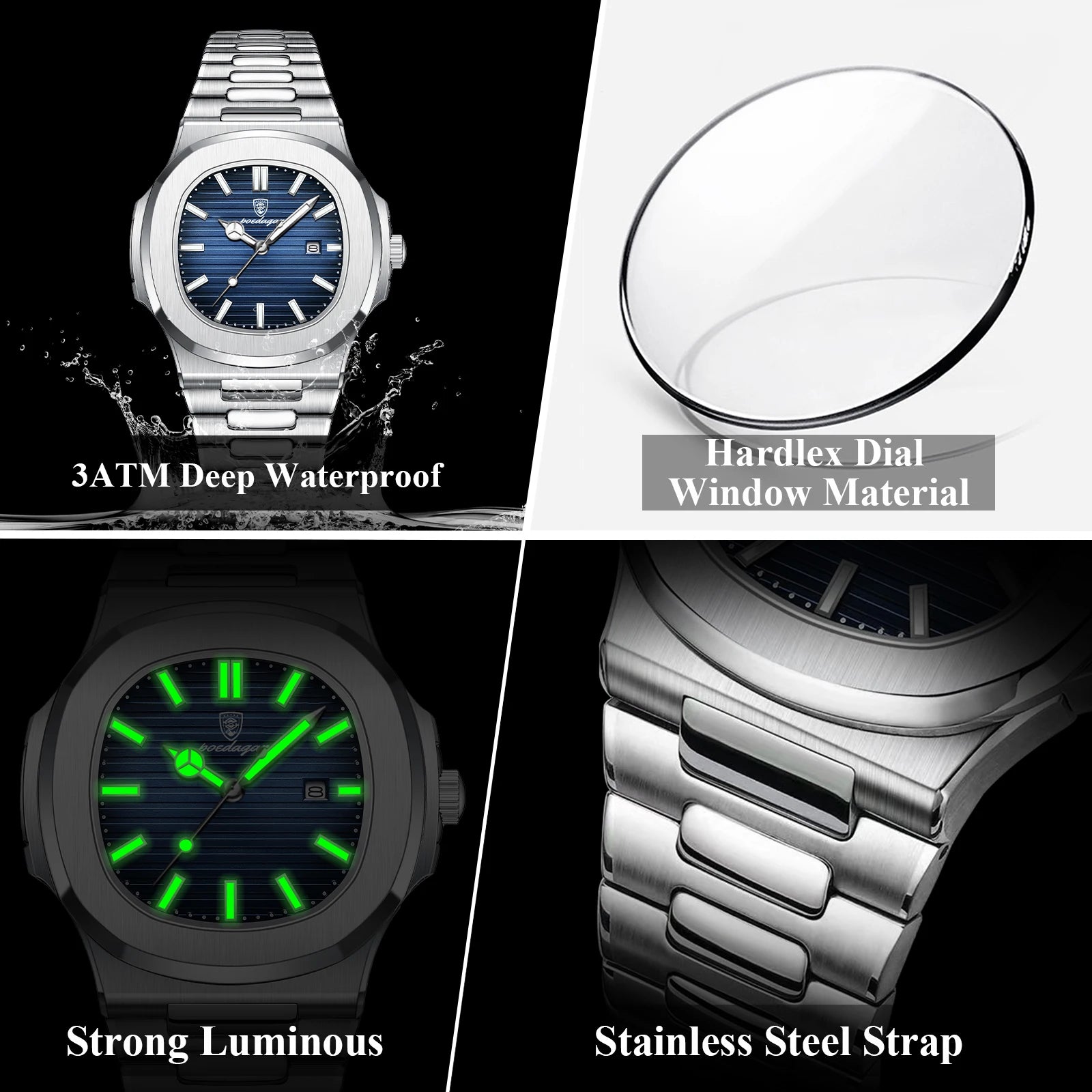Luxury Square Men Wristwatch Waterproof Luminous Date Stainless Steel Sports Male Clock Business Quartz Watches for Men